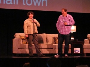 Photo by Patsy Terrell Becky McCray speaking on stage with Jeff Pulver