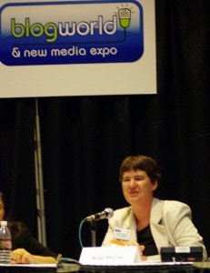 Becky McCray speaking at BlogWorld Expo in 2008.