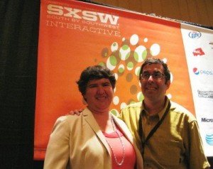 Becky McCray and Barry Moltz pose for a photo after speaking at South by Southwest Interactive.. Photo by Sheila Scarborough.