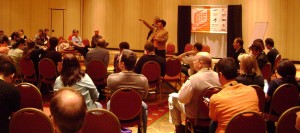 Rural speaker Becky McCray and Chicago entrepreneur Liz Strauss spoke on entrepreneurship at South by Southwest Interactive in Austin, shown taking audience questions in a packed meeting room.