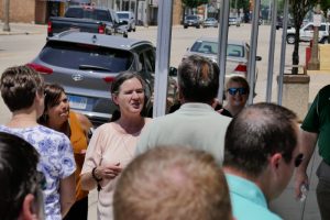 2018-07 Becky McCray leading a downtown tour in Ladd IL