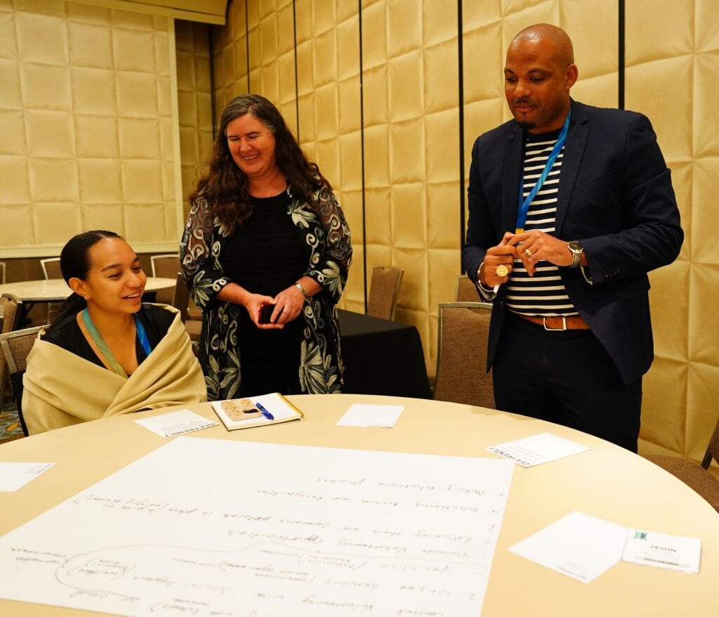 Becky McCray speaks with two international participants working on an Idea Friendly project in an interactive workshop at the International Economic Development Conference in Dallas, Texas