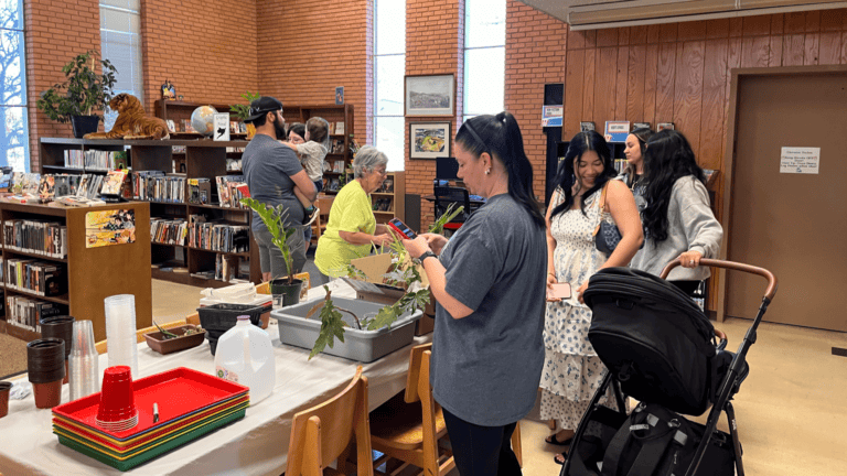 Diverse group gathers at library plant swap. Woman in foreground examines potted plant while people of various ages browse plants on tables. Baby stroller visible. Bookshelves and brick walls frame the library space. Colorful trays stacked on table.
