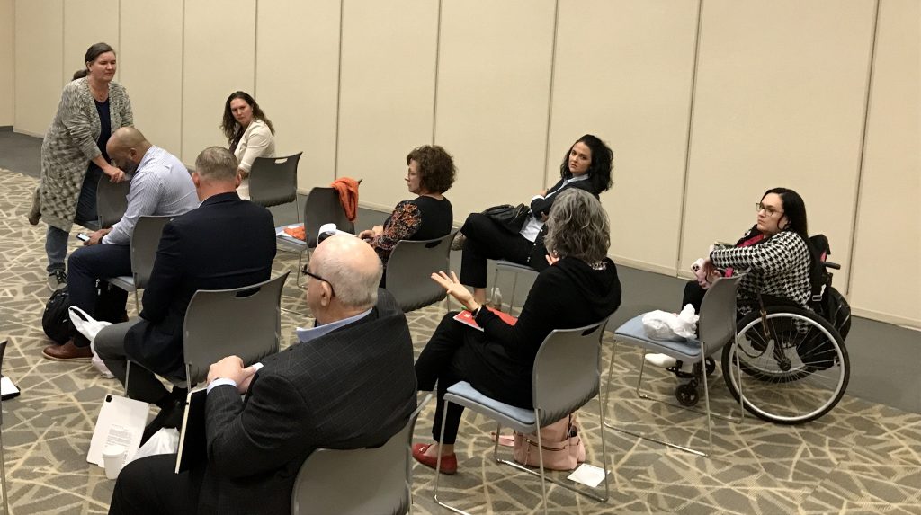 Becky McCray interacting with the audience at the Teeny Tiny Town Summit. 