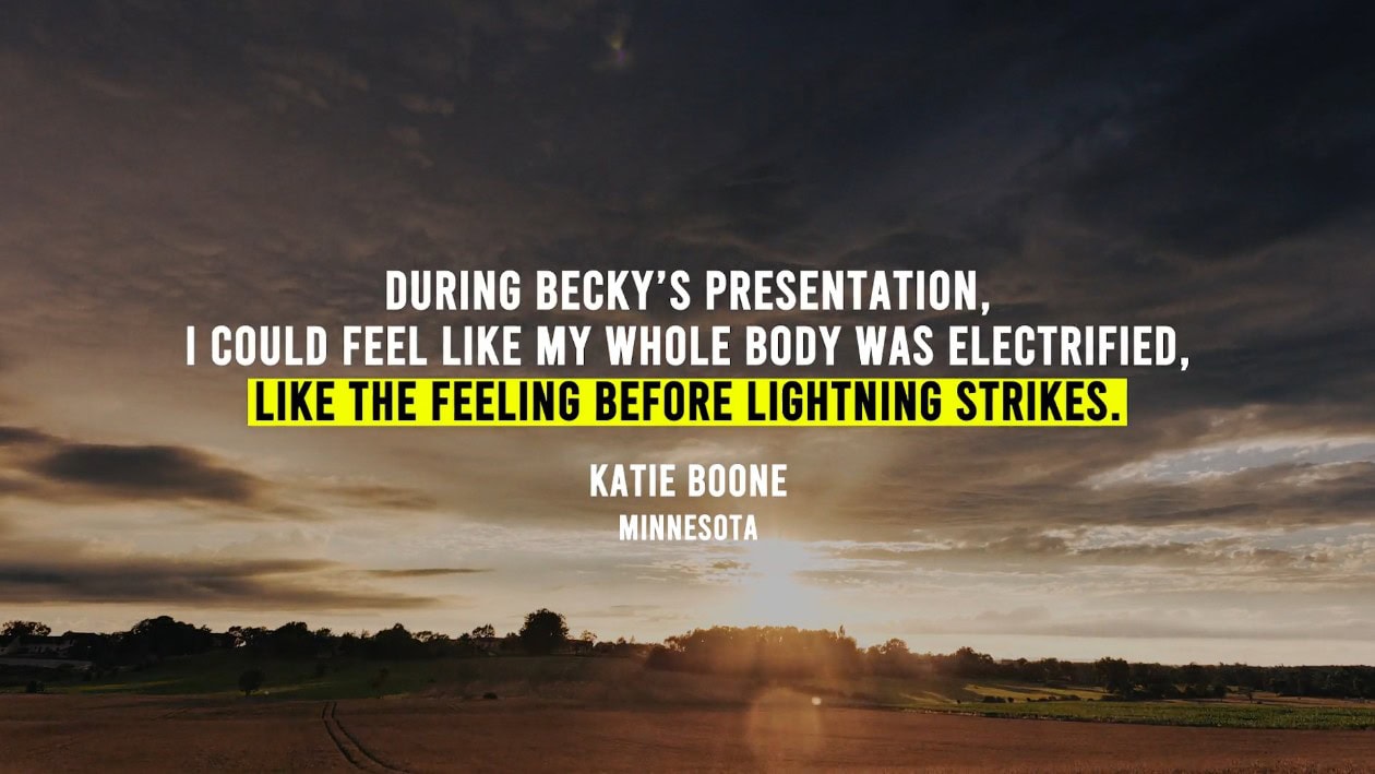 Still video frame with text: During Becky's presentation, I could feel like my whole body was electrified, like the feeling before lightning strikes.