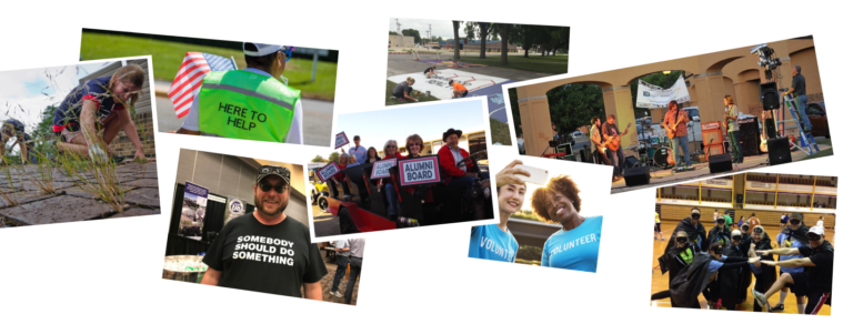A pile of snapshots showing diverse volunteers at work in their communities
