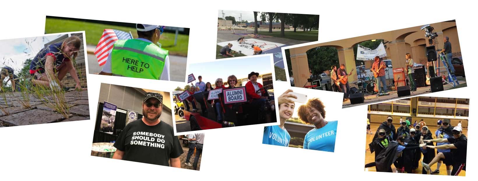 A pile of snapshots showing diverse volunteers at work in their communities