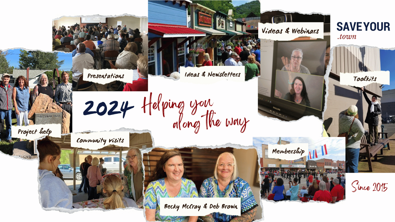 A mood board collage of photos of Becky McCray and Deb Brown helping rural communities, with the title 2024 Helping You Along the Way