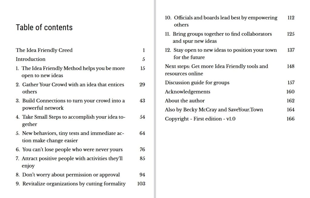 Table of contents for the Idea Friendly Guide book by Becky McCray. 