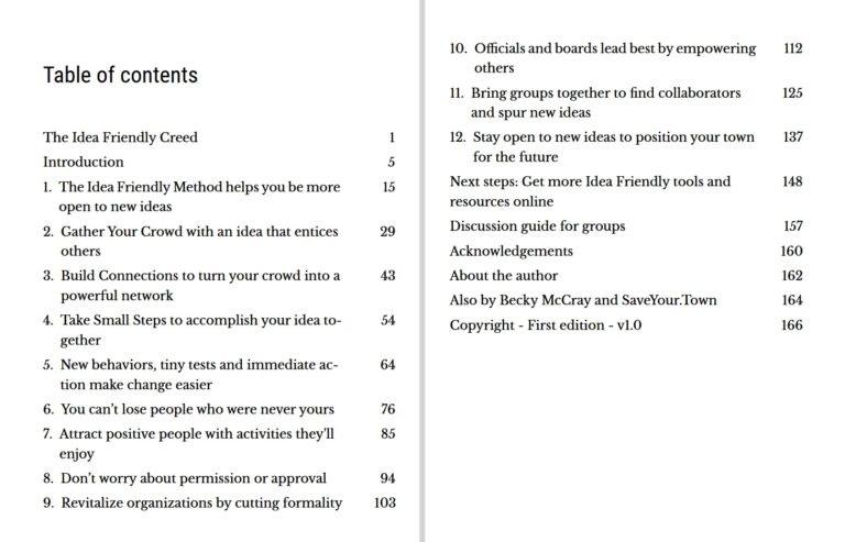 Table of Contents of the Idea Friendly Guide book by Becky McCray.