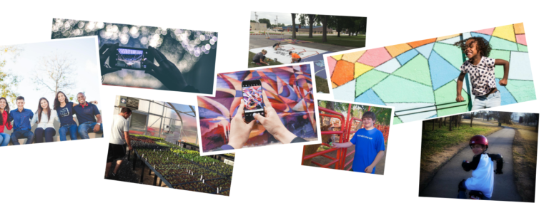 A collage of pictures of young people and people taking photos with their phones