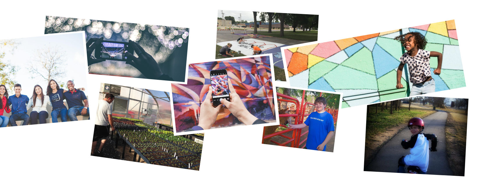 A collage of pictures of young people and people taking photos with their phones