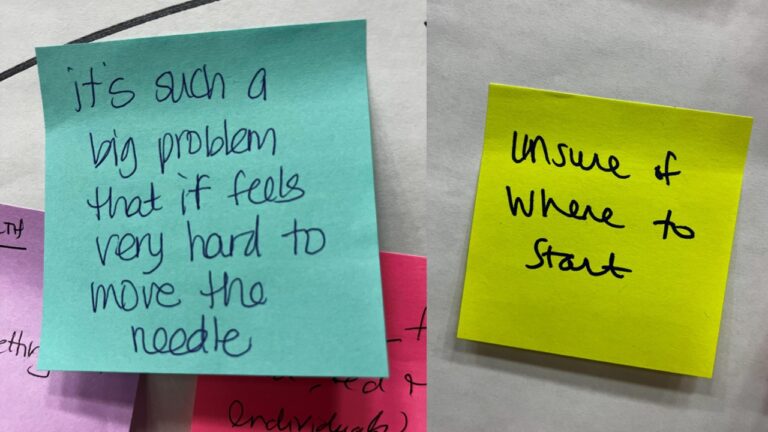 Two handwritten sticky notes reading "it's such a big problem that it feels very hard to move the needle" and "unsure of where to start."