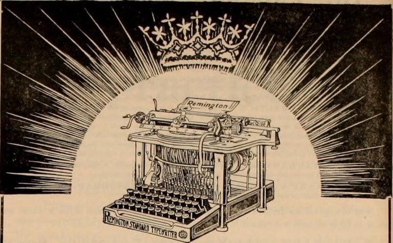 A manual Remington Standard Typewriter from the 1890s with a glowing aura and a crown
