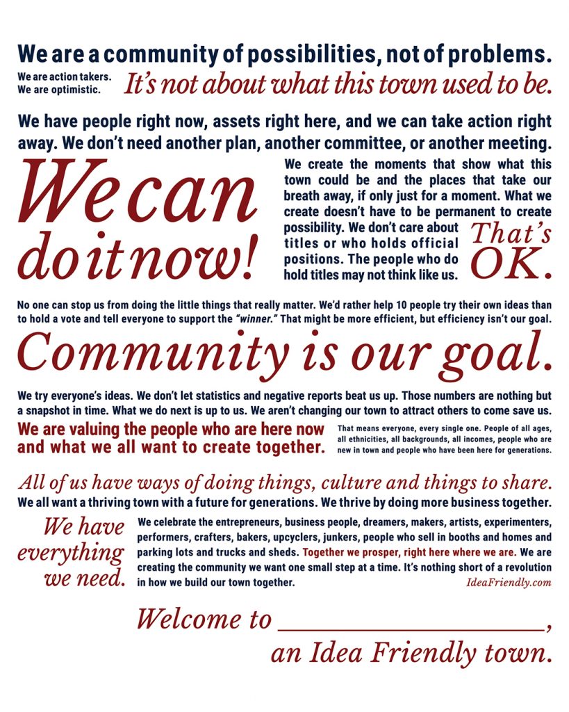 The Small Town Creed says "We can do it now!" Read forward for full text. 