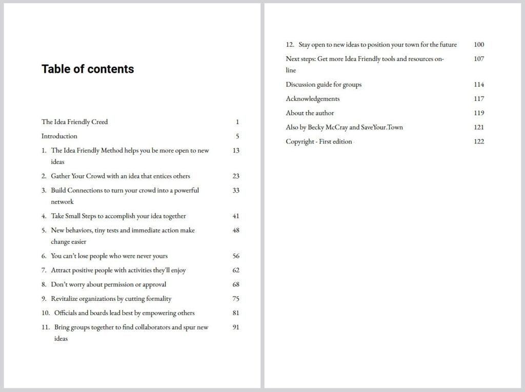The draft table of contents of The Idea Friendly Guide, with 12 chapters and 122 pages