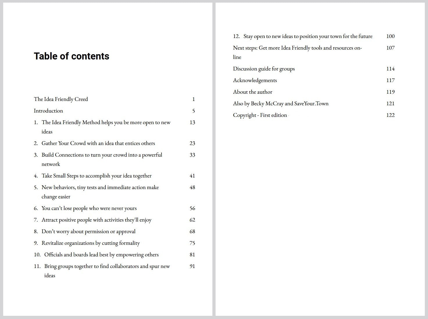 The draft table of contents of The Idea Friendly Guide, with 12 chapters and 122 pages