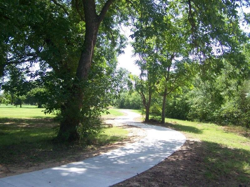 A paved walking trail winds between shady trees in a park